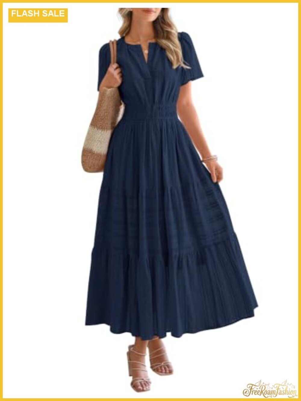 Maxi Dress Short Sleeve V-Neck Tiered Ruffle with Pockets Cottagecore